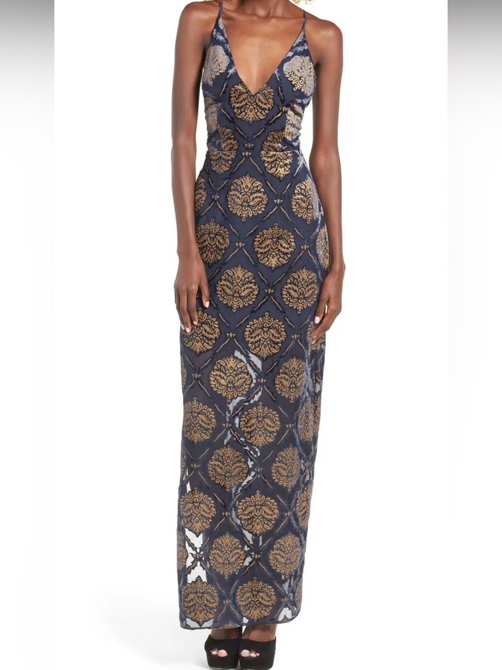 $130 ASTR the Label Eartha Floral Tiered Maxi Navy Gold  Open Back Sexy Dress M